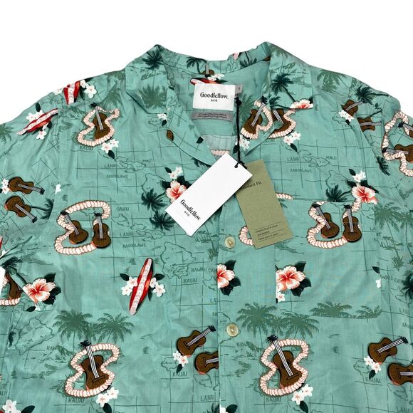 Goodiellow & Co Hawaiian Shirt Men S Meteor Green Guitars Standard Fit Button-Up - Picture 11 of 13